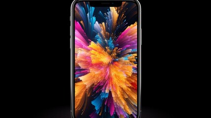 Smartphone with colorful abstract design on black background 3d illustration