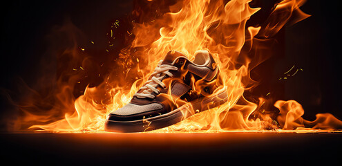 sport shoe in flame, sneaker burning, creative ad for banner concept, generative AI