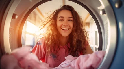 Poster happy female loading washing machine at laundry, generative AI © goami
