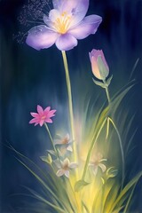 Fairy tale cute closeup flowers. Watercolor style. AI generated illustaration