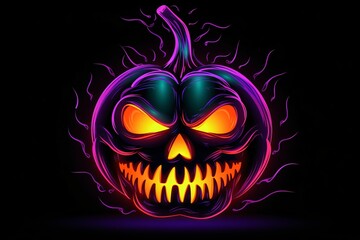 Graphic neon pumpkin lantern with evil smile