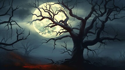 Obraz premium Halloween background with full moon and scary tree silhouettes 3d rendering