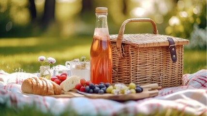 Fototapeta na wymiar Picnic in the park. Picnic basket with fruit, wine, cheese, bread and croissant.