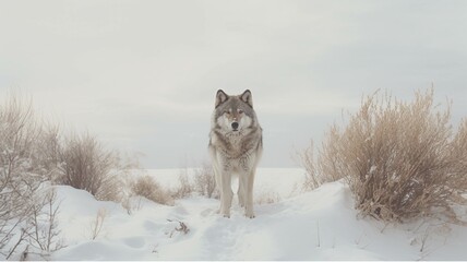 Naklejka premium Portrait of a wolf in the winter forest. Snowy landscape.