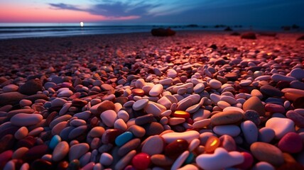 Obraz premium Colorful glass hearts on the beach at sunset. Colorful stones on the beach.