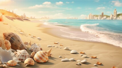 Fototapeta na wymiar Seashells on the beach at sunset. 3d rendering