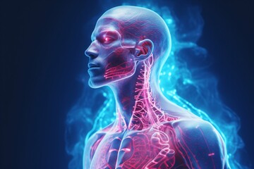 Illustration of human anatomy scan with energy flowing body to mind