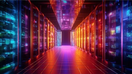 Futuristic server room with glowing lights and lightning. 3D rendering
