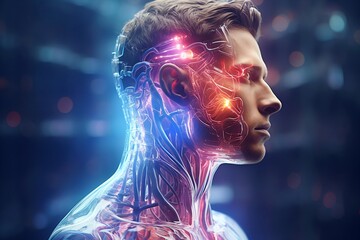 Illustration of human anatomy scan with energy flowing body to mind - obrazy, fototapety, plakaty