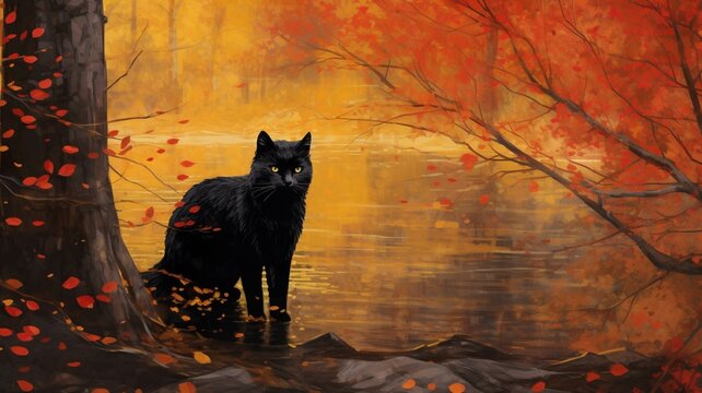 Black cat in the autumn forest with yellow leaves. Digital painting.
