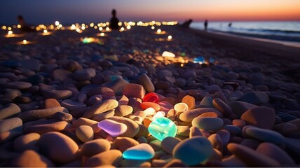 Obraz premium Colorful glass hearts on the beach at sunset. Colorful stones on the beach.