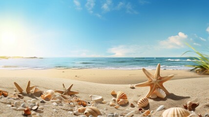 Fototapeta na wymiar Seashells on the beach at sunset. 3d rendering