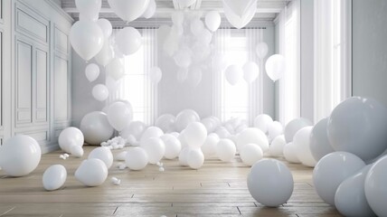 White balloons in the interior of the room 3D rendering