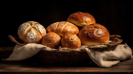 Freshly baked bread rolls in a basket on rustic wooden background