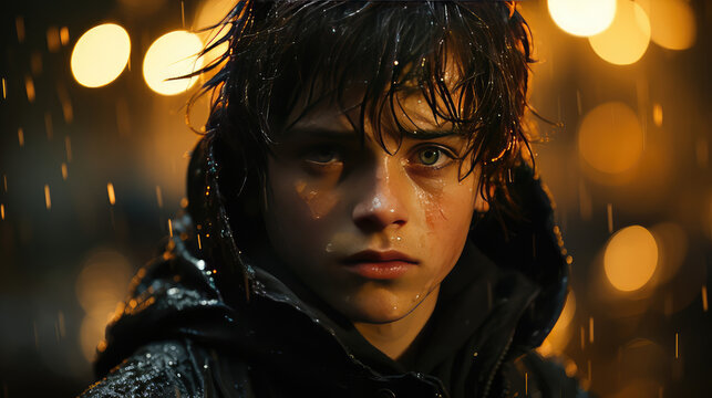 Wet boy in a raincoat in the fall rain