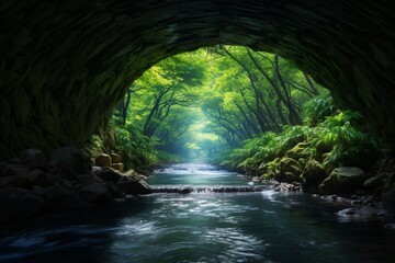 River flowing through a tropical cave full of greenery