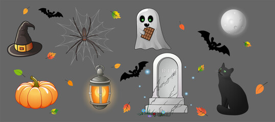 Set of isolated Halloween items: witch hat, spider on the web, ghost with chocolate, pumpkin, lantern, gravestone, moon, blask cat, bat and leaves. Vector illustration - obrazy, fototapety, plakaty