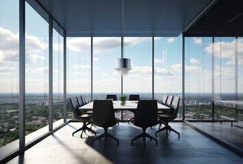 Modern office meeting room interior with glass windows. Created with Generative AI