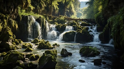 Photo of a fast flowing waterfall seen from a distance