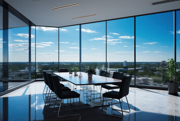 Modern office meeting room interior with glass windows. Created with Generative AI