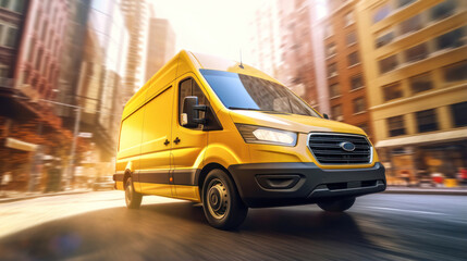 Dynamic Urban Scene: Yellow Cargo Van in Motion, Carrying Parcels Through the City Streets.