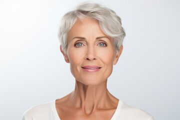 Smiling pretty mature woman with healthy face skin. Natural beauty, middle age skincare cosmetics ad