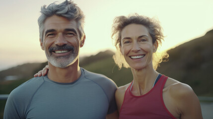 Active and Happy: Middle-Aged Couple Shares Smiles During Their Outdoor Workout Togethe.