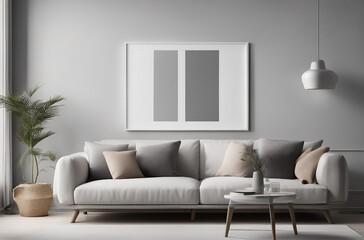 Blank picture frame mockup on white wall. White living room design. View of modern Scandinavian home
