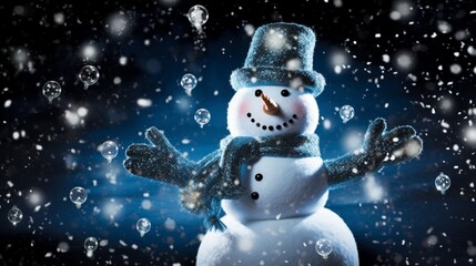  a lifelike depiction of a Christmas Snowman surrounded by falling snowflakes and twinkling stars