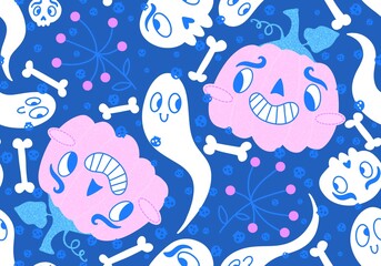 Halloween cartoon pumpkins seamless ghost and skulls pattern for wrapping paper and fabrics and kids clothes print