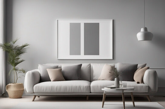 Blank picture frame mockup on white wall. White living room design. View of modern Scandinavian home © FrameFinesse