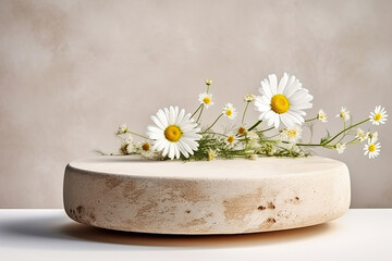Stone Podium with Daisy Blossom Flowers Against Simple Minimalistic Brown Background for Product Presentation