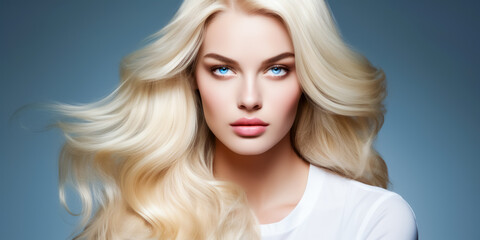 Fototapeta premium Beautiful young woman with healthy wavy long blonde hair. Hair Style, hair dye, hair care