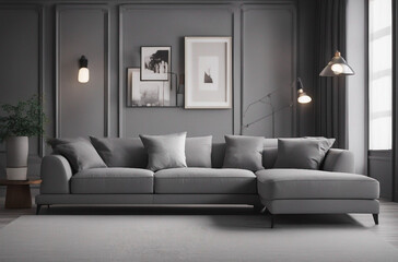 Interior of beautiful gray modern living room with comfortable sofa