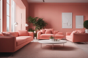 Interior of modern coral living room with comfortable sofa, table and plant.