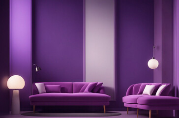 Interior of violet modern living room with comfortable sofa