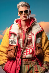 Stylish fashionable blond man wearing glasses and clothes from famous brands.