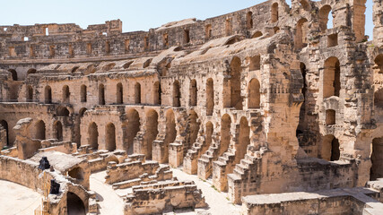 Amphitheatre of Tunisia. Roman biggest theater in Africa on a summer day. Unesco heritage.