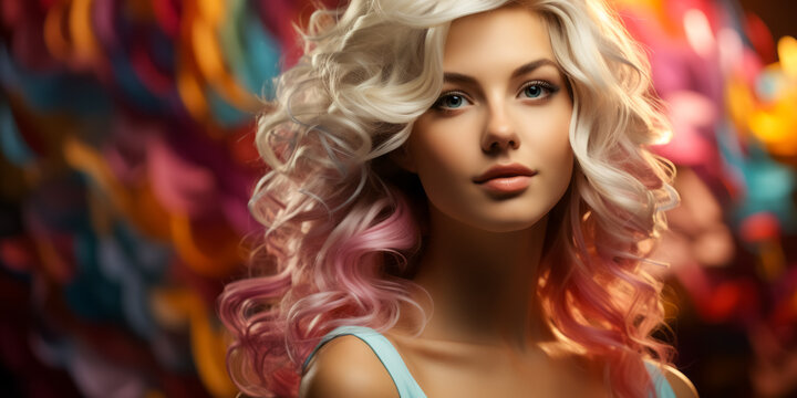 Portrait of young beautiful woman with long flowing colorful dyed hair. colored hairstyles