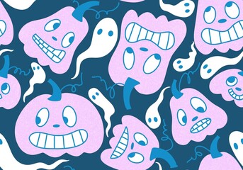 Cartoon retro seamless Halloween pumpkins pattern for kids clothes print and wrapping paper and fashion textile