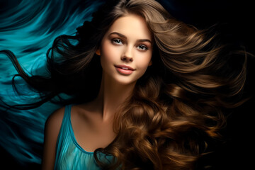 Fototapeta premium Brunette girl with long and shiny wavy hair. hairstyle, hair care, beauty concept