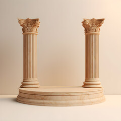 Obraz premium Podium pedestal in ancient Greek style. Minimal scene in pastel cream and white room with marble colonnade and classic columns