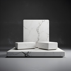 white marble podium on dark background. stand for cosmetic products. Stage showcase on pedestal 3d beige studio
