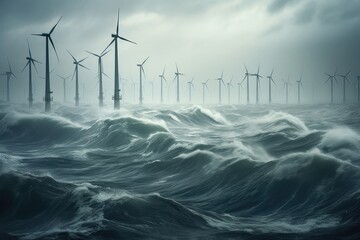 Wind farm at sea in the middle of a storm