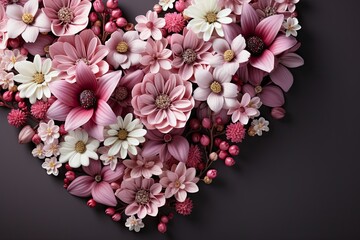Obraz premium Flowers in heart shape with copy space for valentines womens mothers day