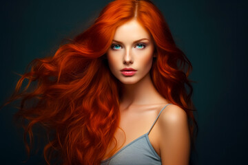 Fototapeta premium Young red haired woman with voluminous hair, with long, dense, curly hairstyle. hair dye, hairstyle