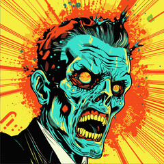 Vector illustration of a zombie head in pop art style. Cartoon vector illustration.