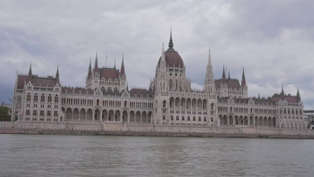 River view of the Hungarian Parliament building in Budapest. Slow motion. 