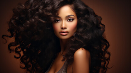 Fototapeta premium Brunette girl with long and shiny wavy hair. hairstyle, hair care, beauty concept