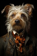 A dog in a tuxedo executive appearance.
